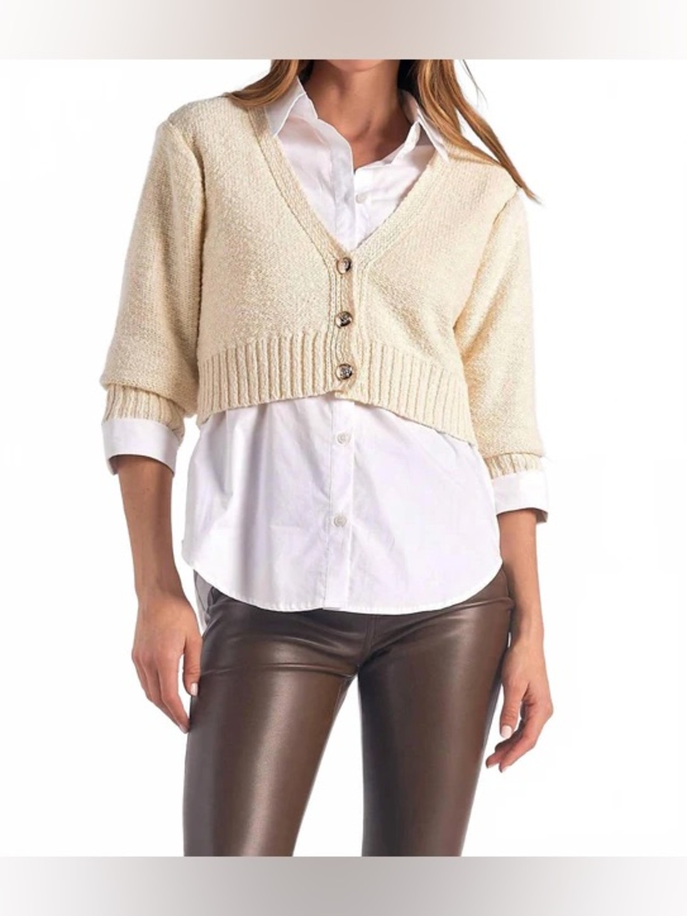 Elan Heidi V-Neck Sweater Collar Top Set In Off White small